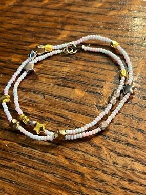 Pastel Pink & White Beaded Star Bracelet with Gold Accents